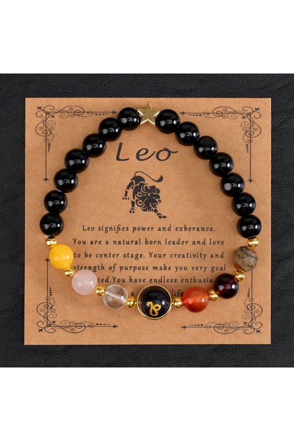 12 Zodiac Sign Natural Black Obsidian Round Beads Stretch Bracelets for Men Women with Blue sandstone & Glass Leo