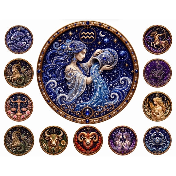 12 Zodiac Signs Pearl Art Kit, Beginner-Friendly Pearl Diamond Painting Set, Calming Craft Activity for Stress Relief & Zodiac-Themed Decor (Aquarius)