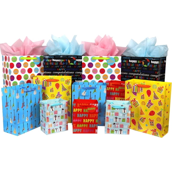 12 birthday gift bags, a combination of large, medium, and small sizes, suitable for boys, girls, women, and men (various sizes)