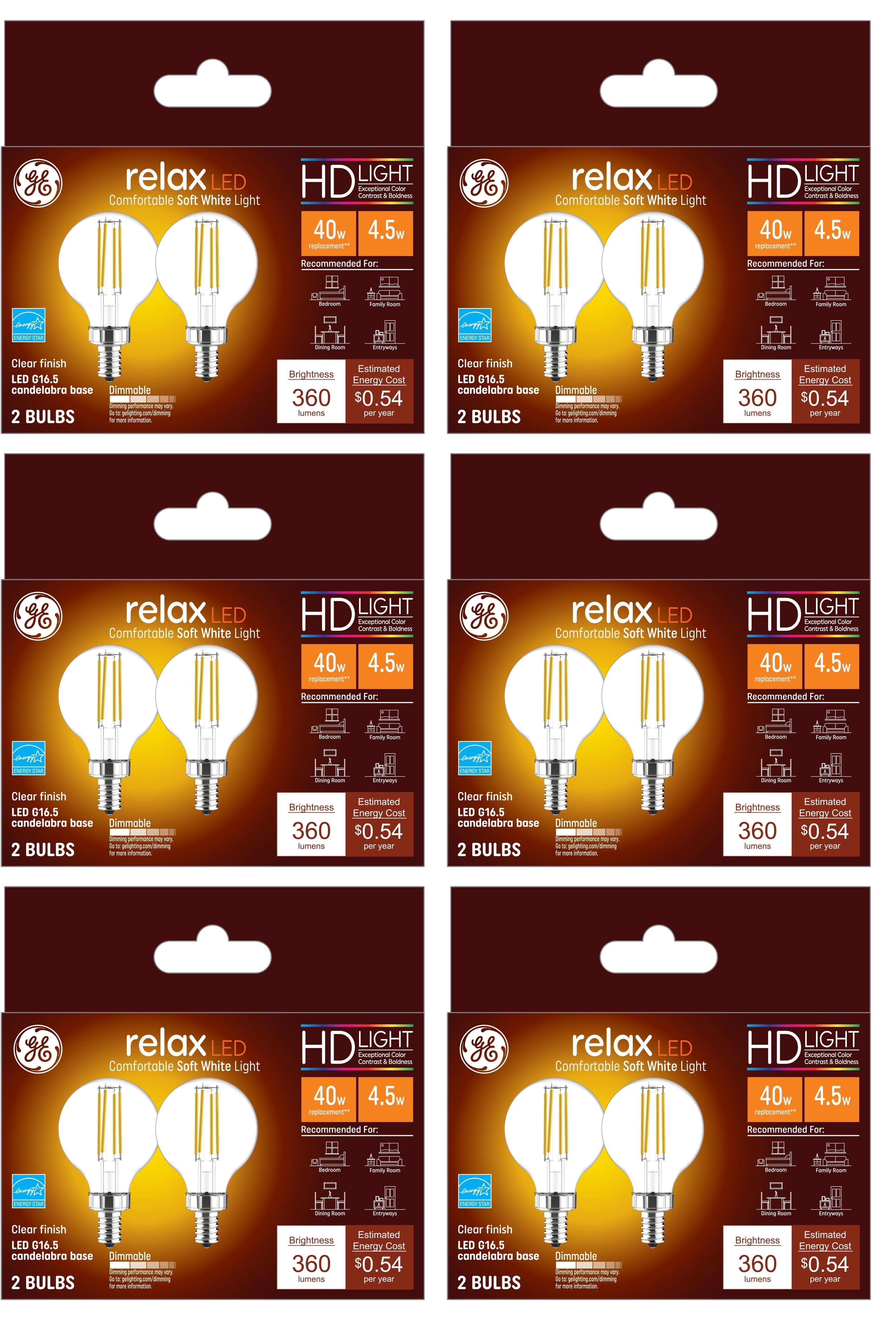 (12 bulbs) GE 42290 relax LED Soft White, Dimmable G16.5 Globe Light Bulb, 40 watt replacement using only 4.5 watts, 360 lumens, candelabra base