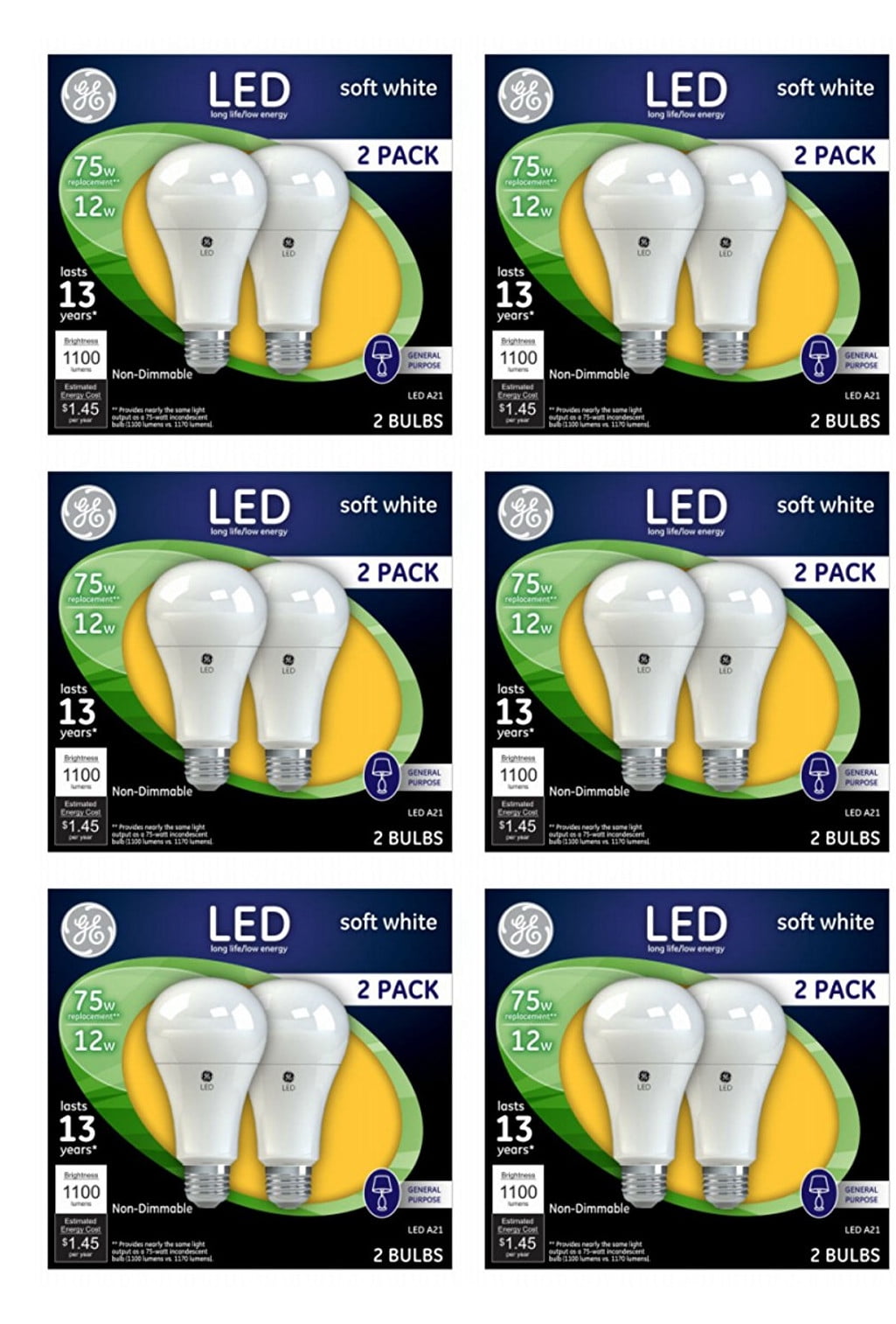 (12 bulbs) GE 65762 LED 75 watt equivalent, Soft White A21 LED Light Bulb, 1100 lumens
