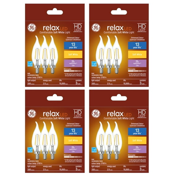 (12 bulbs) GE Relax HD Soft White 2.5 watt LED Decorative Clear Bent Tip Candelabra Base CAC Chandelier Light Bulb, Dimmable, 200 lumen