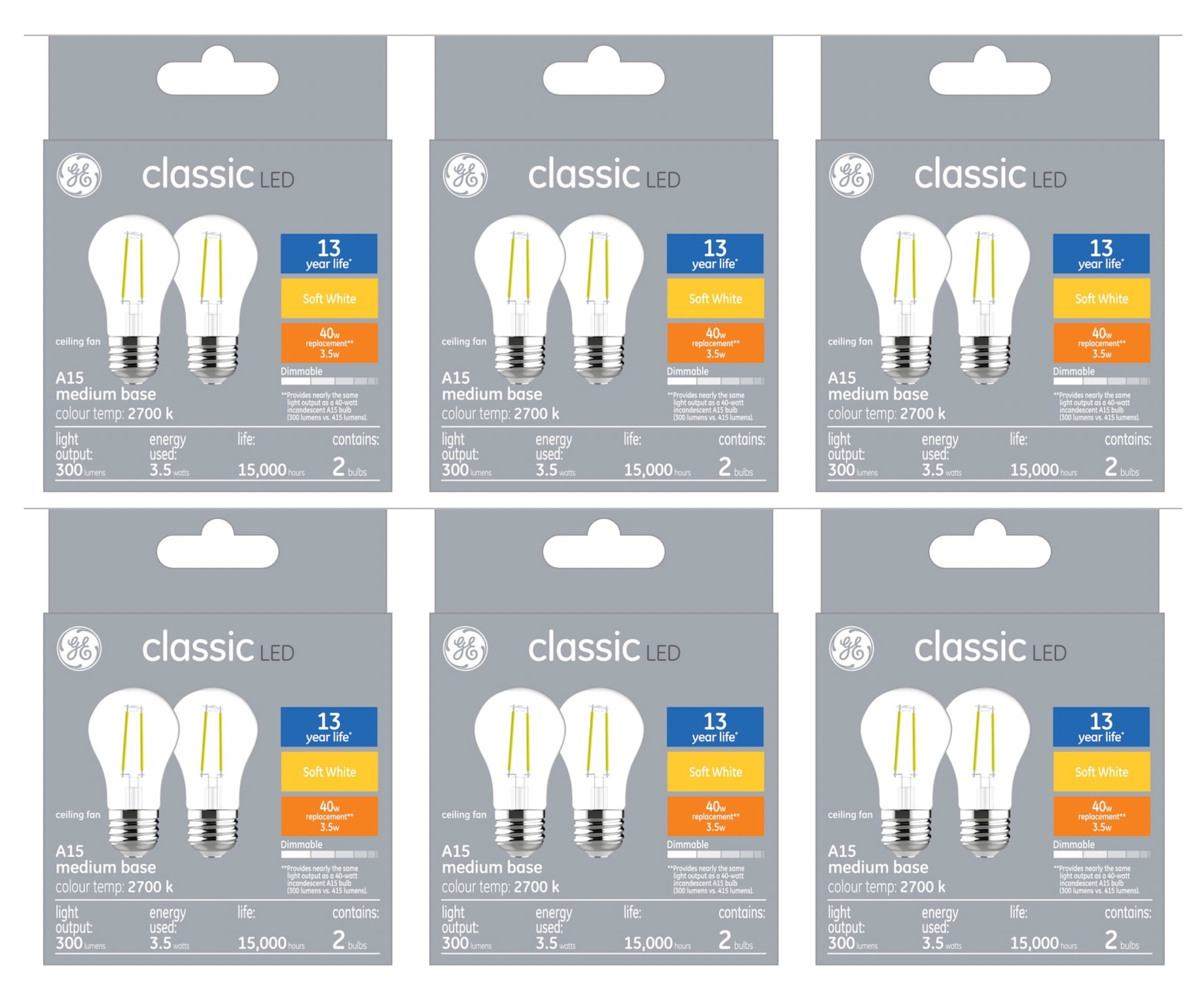 (12 bulbs) GE classic LED A15, 3.5 watt, 300 lumen 40 watt replacement, Dimmable, medium base, soft white 2700K Ceiling Fan Light bulb