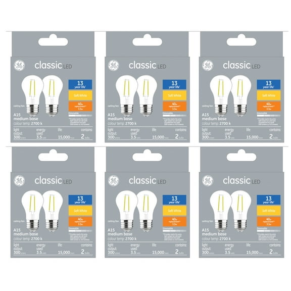 (12 bulbs) GE classic LED A15, 3.5 watt, 300 lumen 40 watt replacement, Dimmable, medium base, soft white 2700K Ceiling Fan Light bulb