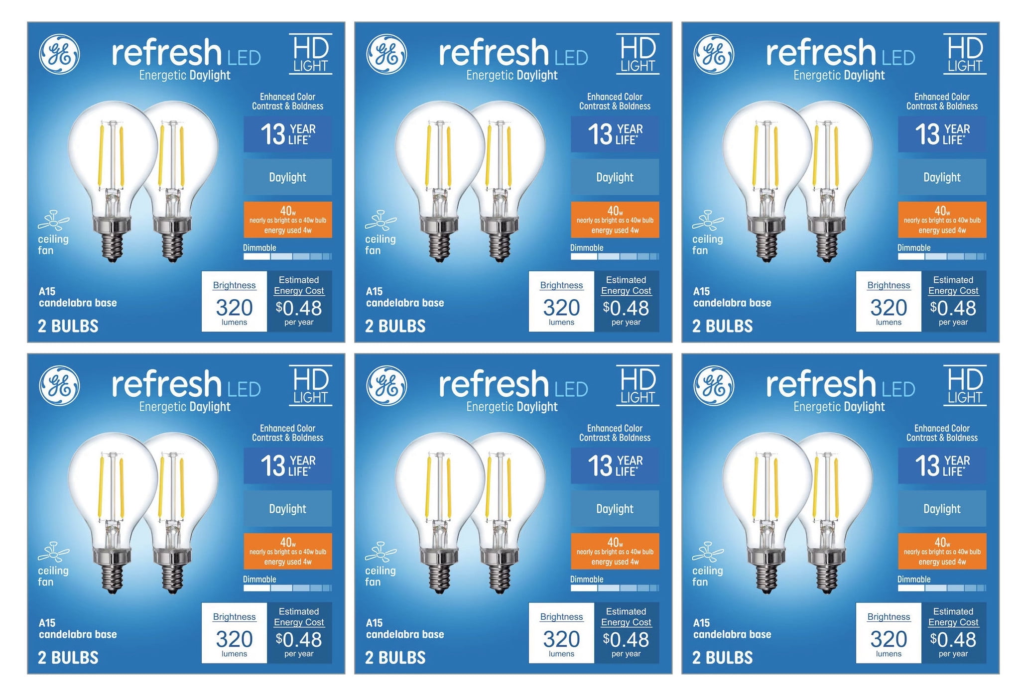 (12 bulbs) GE refresh LED A15 Ceiling Fan Light Bulb, Candelabra base, 40 watt equivalent using only 4 watts, 320 lumens, HD Light for exceptional contrast and boldess, 5000K Cool White Light Bulb