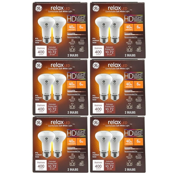 (12 bulbs) GE relax LED R16 Light Bulb, 6 watt, 400 lumens, Dimmable, HD Light, exceptional contrast and brightness, comfortable soft white light, 2700K