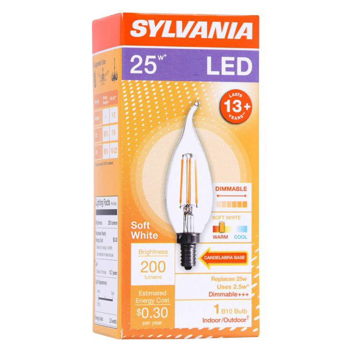 (12 bulbs) Sylvania LED B10 light bulb, 25 watt equivalent, candelabra
