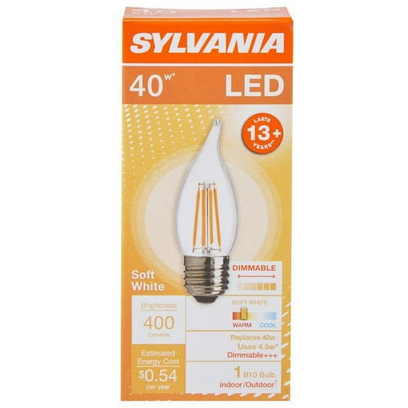 (12 bulbs) Sylvania LED Chandelier Light Bulb, B10, Medium Base, 40 watt equivalent, Dimmable, Soft White LED Light Bulb