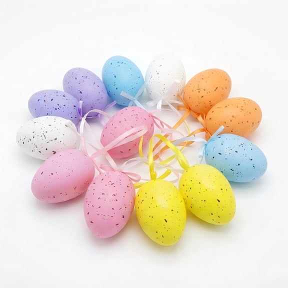 12 colorful plastic Easter eggs with dots. Perfect for hanging, basket stuffers, tree ornaments. Spring party favors for indoor/outdoor decor. Multicolor.