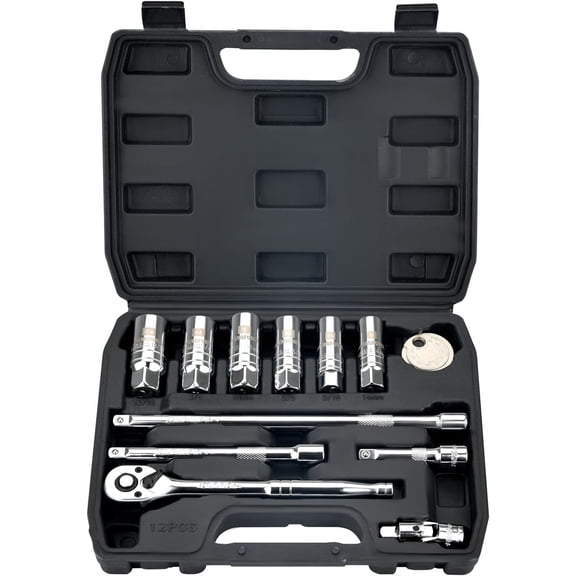 12 count 3/8" Drive Spark Plug Socket Set with Ratchet Handle, Universal Joint, Extension Bar & Spark Plug Gapper, Fits 9/16", 5/8", 3/4", 13/16", 14mm, 18mm, CR-V Steel with Rubber Holder Ring