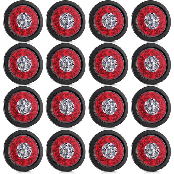 12 count 4 Inch Round LED Trailer Tail Lights 16 LEDs Stop Turn Backup Reverse Running Lights with Rubber Grommet Sealed Round Red White LED Lamps for Trailer RV(Modern)