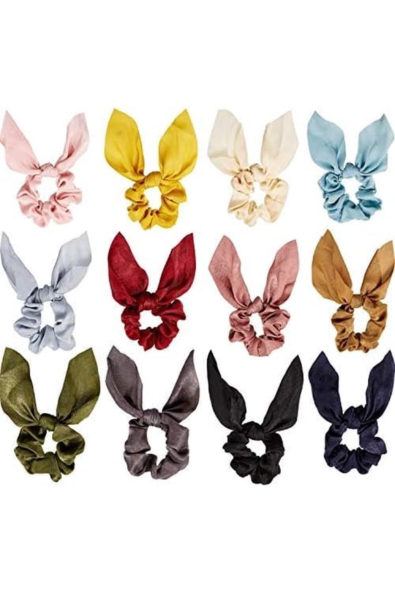 12 count Bow Hair Scrunchies Bunny Ear Scrunchies for Bow Silk Bowknot Bobbles Elastic Hair Ties Ropes Ponytail Holder for Women(Satin Silk)