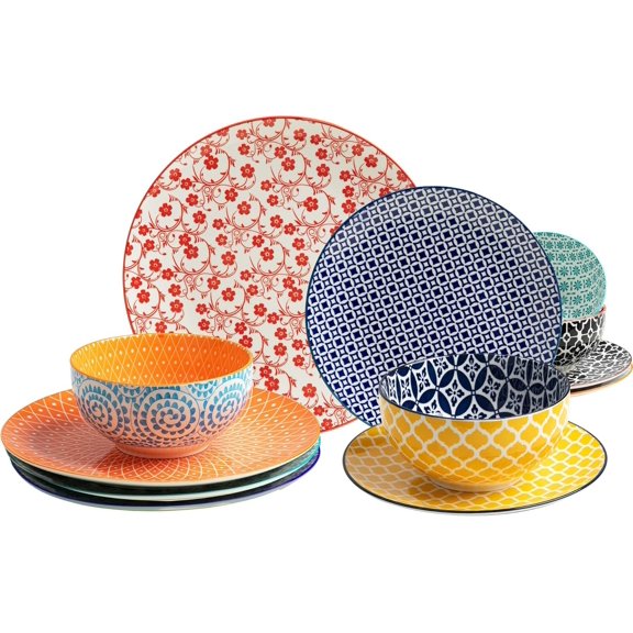 12 count Ceramic Dinnerware Sets, Porcelain Round Dinner Set for 4, Microwave and Dishwasher Safe Plates and Bowls Dishes Sets, Kitchen Dinner Dinning Ware Set, Colors
