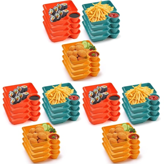12 count Chip Dip Serving Platter Set, Plastic Dumpling Plates with Sauce Compartment, Square Serving Dish Sushi Plates, Small Dip Tray for Appetizer, Taco Salsa, Fruit, Charcuterie (Pack of 3)