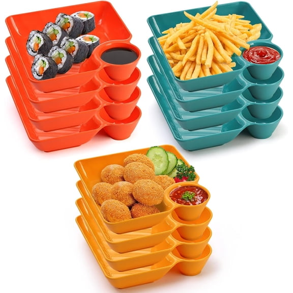 12 count Chip Dip Serving Platter Set, Plastic Dumpling Plates with Sauce Compartment, Square Serving Dish Sushi Plates, Small Dip Tray for Appetizer, Taco Salsa, Fruit, Charcuterie