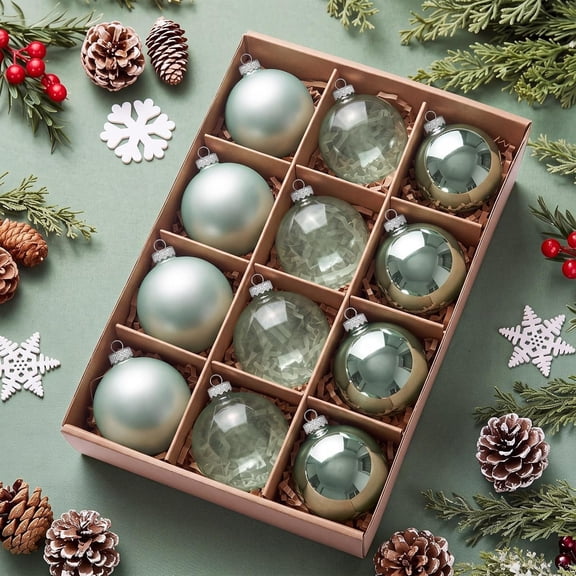 12 count Christmas Glass Ball Ornaments 3.15 Inch, Sage Green