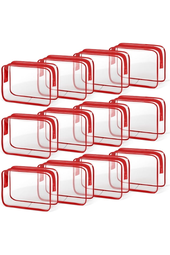 12 count Clear Makeup Bag for Women with Zipper, TSA Approved Toiletry Pouch, Bag Bulk for Travel Organizer Essentials - Red, Medium