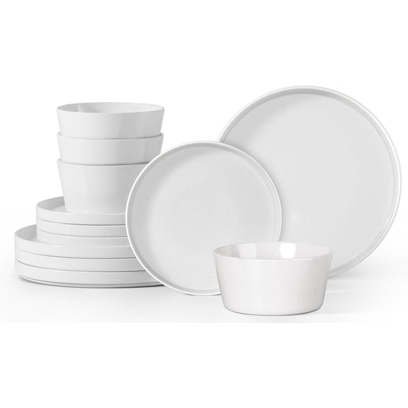 12 count Dinnerware Dishes Set for 4, Stoneware Dining Plates and Bowls Sets, Double Reactive , Microwave & Dishwasher Safe, Scratch Resistant, Speckled White