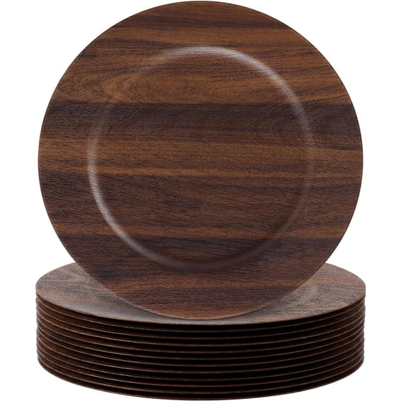 12 count Faux Wooden Charger Plates 13 Inch Round Rustic Plastic Plates Antique Design Bulk Decorative Chargers for Dinner Tray for Wedding Dinner Table Party Event (Dark Brown)