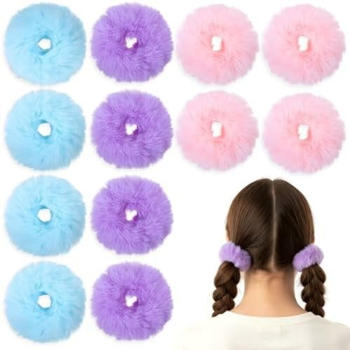 12 count Fuzzy Scrunchies Faux   Pom Pom Hair Ties Ponytail Holders Hair Bobbles for Women Braids Wristband