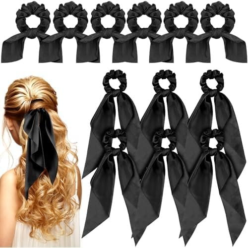 12 count Hair Accessories for Women Hair Bows Scrunchies Scarf Ties Bunny Ears Silk Satin Scrunchies Ribbons Scarf Ties with Bows for Women Lady(Black)