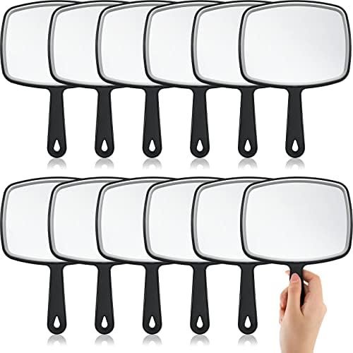12 count Hand Held Mirrors with Handles Hand Makeup Mirrors Bulk Wall Mount for Women  Bathroom  Barber Salon Travel Portable Beauty School , 6.69 x 9.45 Inch (Black)