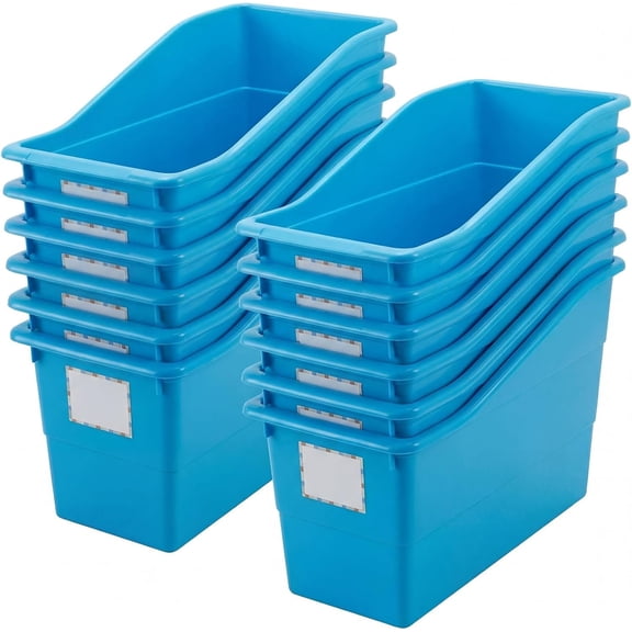 12 count Large Book Bins with Labels for Classroom Linking Plastic Storage Book Bins 12.5 x 7.5 x 5.5 Inch Folder Magazine File Holder Container Organizer for Classroom Library Office  (Blue)