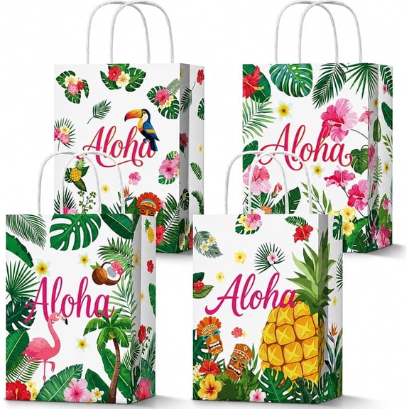 12 count Luau Party Bags, Double Sided Hawaiian Tropical Goodie Bags, Aloha Favor Bags with Handles, Paper for Summer Beach Pool Birthday Party Supplies