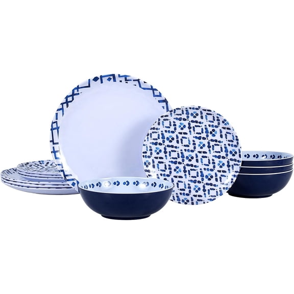 12 count Melamine Dinnerware Set - Unbreakable Plates and Bowls Set- Blue Grid Stripes Design Dinner Dish Set - Modern Dinnerware Set for 4 - Break-Resistant Dishwasher Safe for Indoor/Outdoor Use