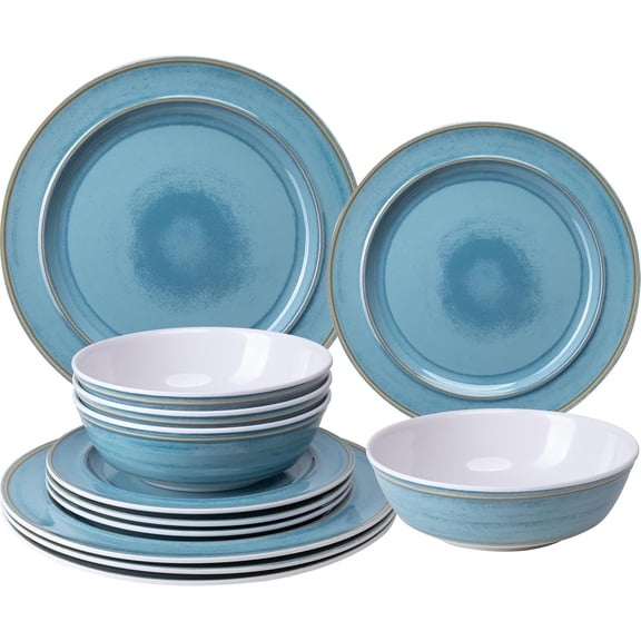 12 count Melamine Dinnerware Sets, Dinner Dishes Set, Plates and Bowls Sets, Service for 4, Indoor and Outdoor Use, Lightweight Unbreakable,Dishwasher Safe