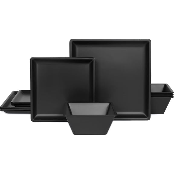 12 count Melamine Plates and Bowls Sets Square Dinner Set with Plates, Dishes, Bowls, Black Square Dinnerware Sets -Serving Platers for 4 Dishwasher Safe