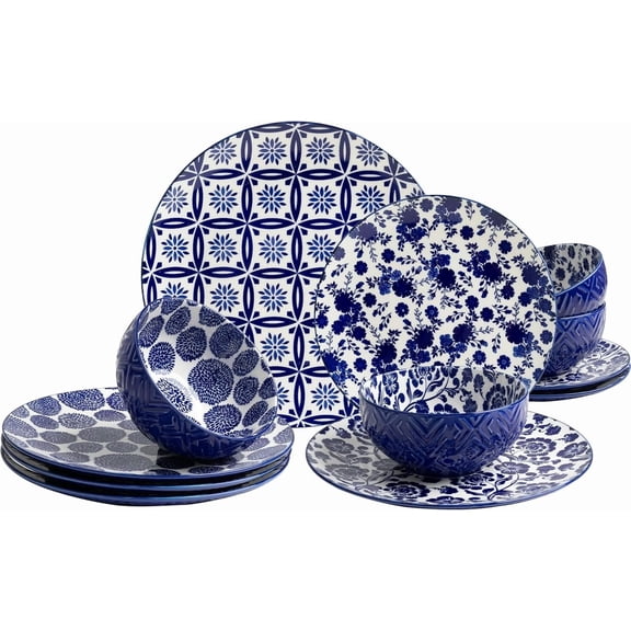 12 count Modern Porcelain Dinnerware Set,Service for 4, Ceramic Plates and Bowls Sets, Kitchen Dinner, Salad, Dessert Plate and Cereal Bowl Set, Ceramics Dishes Set, Blue and White
