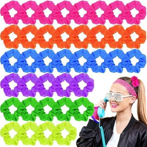 12 count Neon Scrunchies Bulk for 80s Hair Ties Bright Color Neon Hair Accessories Scrunchy Elastic Hairbands for Women Ropes Ponytail Bands 90s Party Outfits Workout, 6 Solid Colors