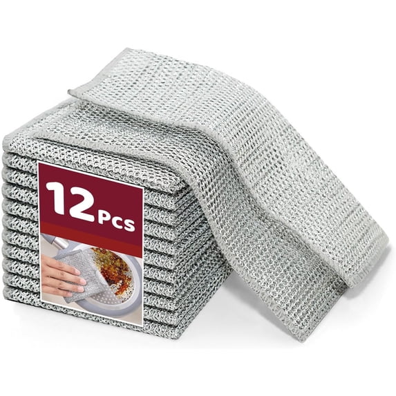 12 count Non-Scratch Wire Dishcloths - Metal Dish Cloth with Double Layer Multipurpose Steel Wrie Diswashing Rag for Washing Dishes & Stainless Steel, Cleaning Towels Wipes for Kitchen