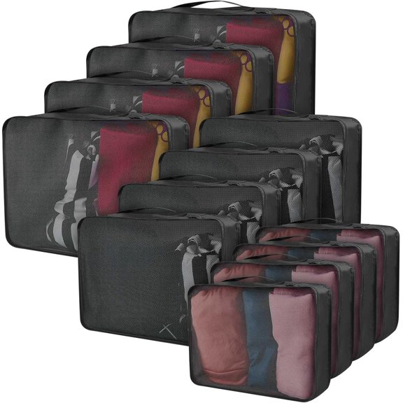 12 count Packing Cubes for Suitcase Travel Luggage Bags Bulk Mesh Organizer Set for Hiking Camping Backpacking Clothes Accessories (Black,XL, L, M Size)