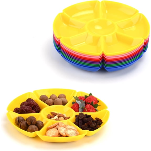 12 count Plastic Serving Trays, 10 Inch Round, 7 Compartments, 6 Colors | Chip & Dip Thanksgiving Plates, For Candy, Nuts, Fruits, Veggies, Party Platter Set