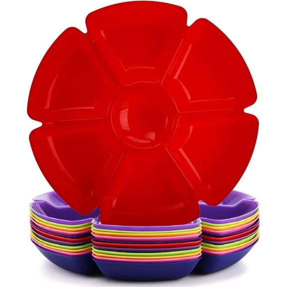 12 count Plastic Snack Serving Tray, 12 Inch Unbreakable Chip and Dip Divided Serving Plates, Round 7 Compartments Multifunctional  Platter for Snack, Nuts, Candy, Dried Fruit, Veggies
