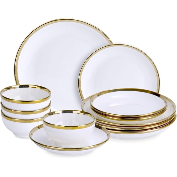 12 count Porcelain Dinnerware with Rim,Stoneware Plates and Bowls Sets Service for 4, Ceramic Dish Set, Highly Chip and Crack Resistant Modern Plate Set, Deep-well plate series