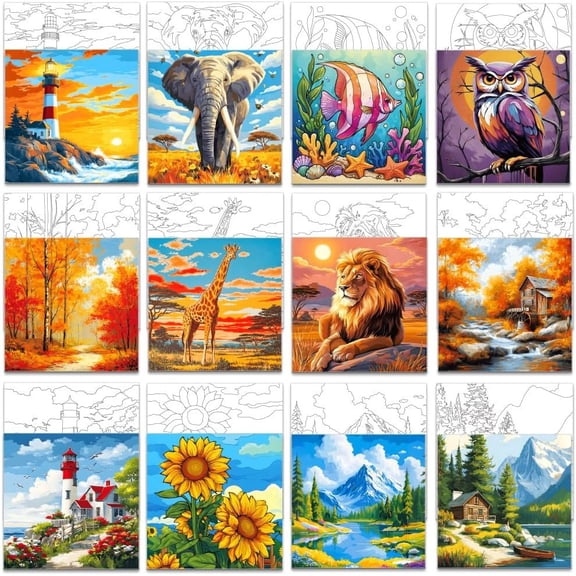 12 count Pre Drawn Canvas to for Adults, 8 x 8 Inch Sip and Painting Kit Outline Canvas Art Pre Printed Canvases for Painting Canvases With Pictures to Party Set( Style)