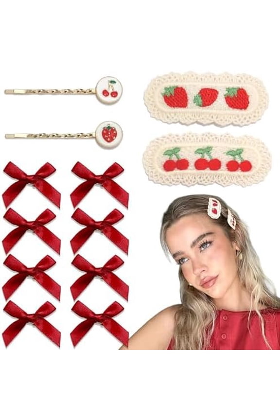 12 count Red Bow Hair Clips 3 Styles Cherry Hair Pins Embroidery Strawberry Snap Clip Y2K Mini Hair Bows Christmas Hair Accessories for Girls Women