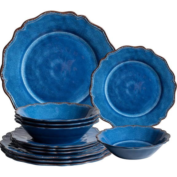 12 count Rustic Luxury Melamine Dinnerware Sets, Thick Unbreakable but Lightweight Plates and Bowls Set, Spring and Summer Camping Dishes Set, Dishwasher Safe, blue