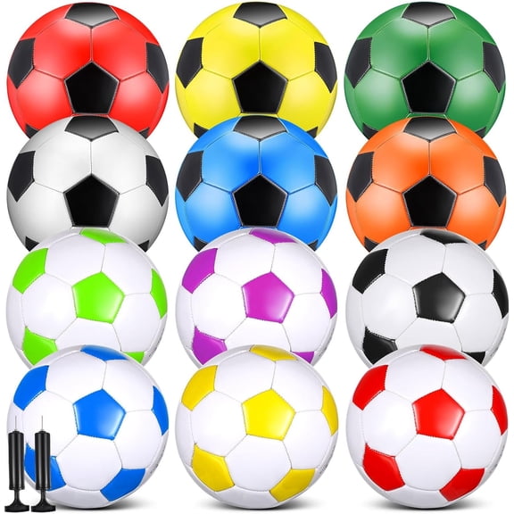 12 count Size 5 Soccer Balls Bulk with 2 Pumps, Deflated PVC Soccer Balls, Colorful Indoor Outdoor Practice Ball for Team Drills, Club Activities, Field Practice