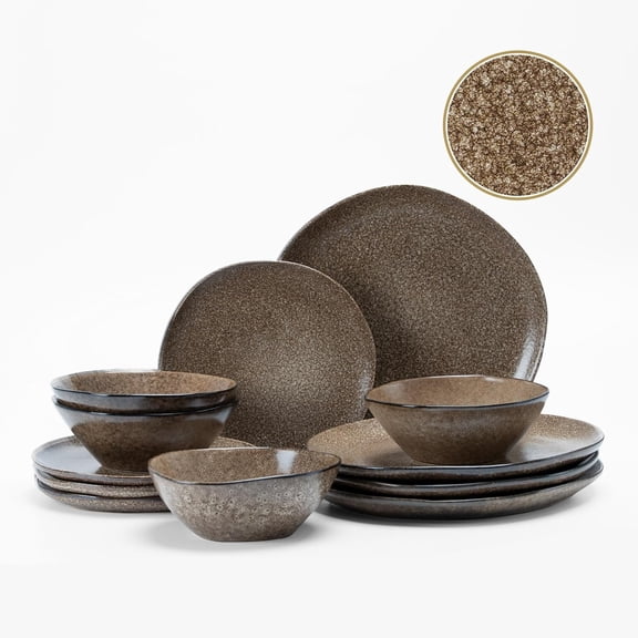 12 count Stoneware Dinnerware Sets, Plates and Bowls Dish Set for 4, Irregular   Dinner Ware Dishware for Kitchen Dinning, Microwave & Dishwasher Safe, Brown