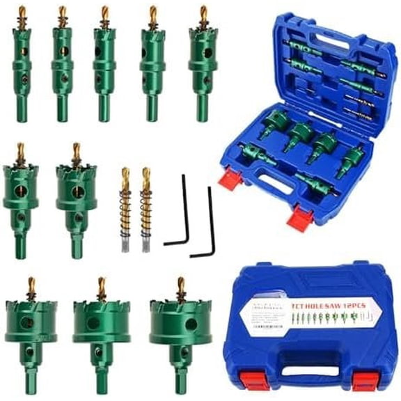 12 count TCT Hole Kit with Drill Bits,5/8''to 2-5/64'' Tungsten Carbide Hole Set for Stainless Steel,Iron,, Metal