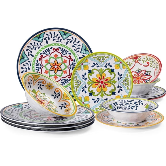 12 count Talavera Melamine Dinnerware Set, Service for 4 Melamine Plates and Bowls Set, Unbreakable Dishes Dinnerware Set,  for RVs, Camping,  and Dishwasher Safe