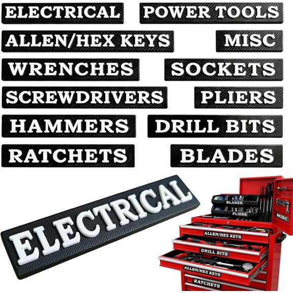 12 count Toolbox Labels, Raised Tool Box Lables, General Toolbox Organize Accessories, Thick Resuable Tags for Steel Toolboxes, Tool Carts & Garage Organization (Black)