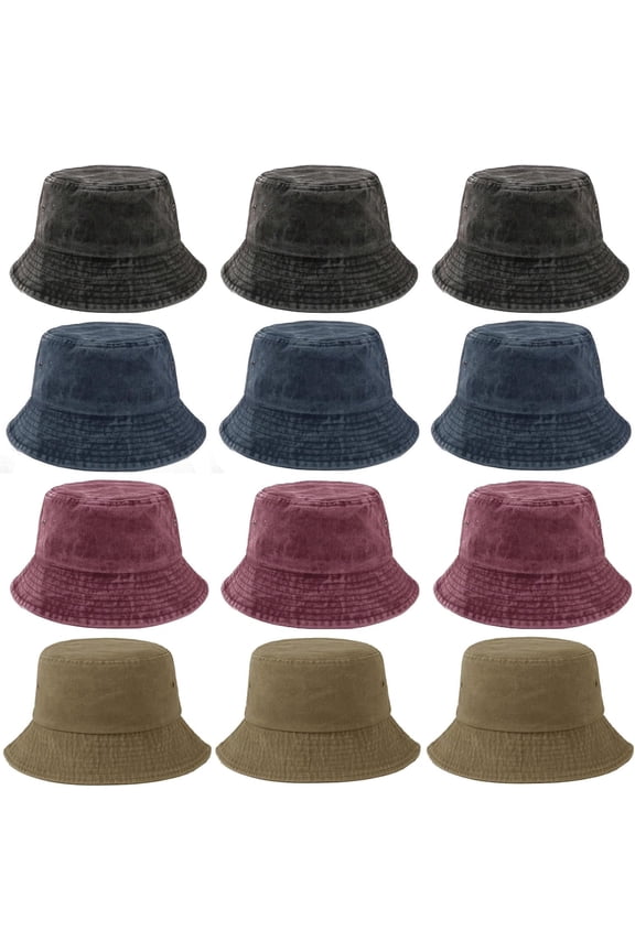 12 count Washed Distressed Bucket Hat for Women Men Summer Twill Plain Bucket Cap