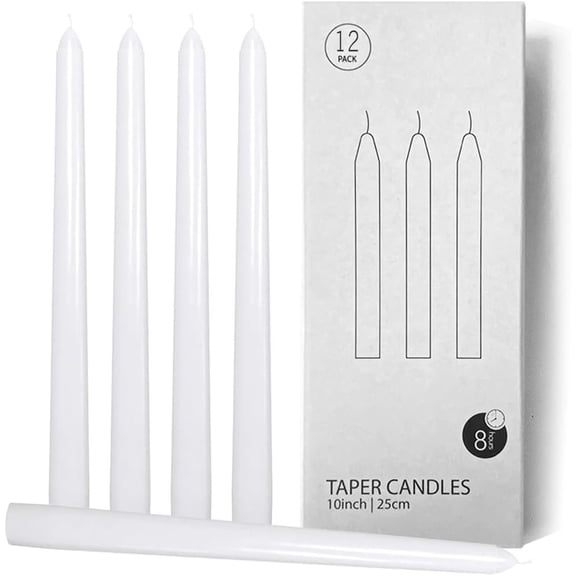 12 count White Taper Candles, 10 Inch Unscented Long Candles White, Low Heat Romantic Candlesticks for Couples, Wedding, , Dinner,