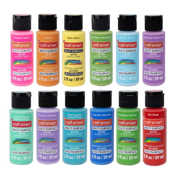 Craft Smart 12 ct - 2 oz. bottles, Bright Colors Premium Satin Acrylic Set