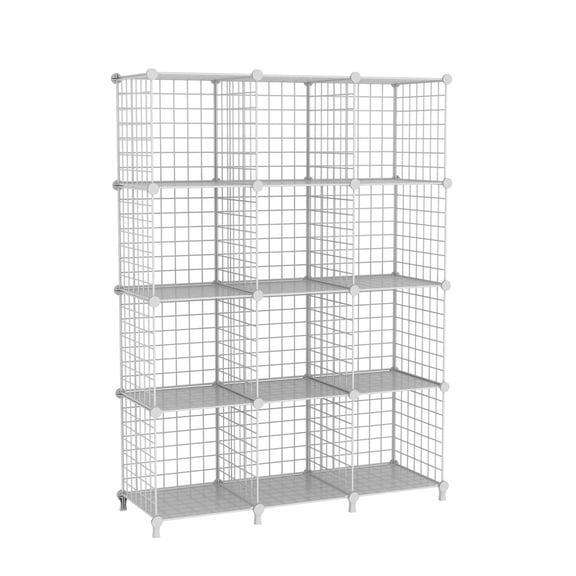 12-cube Storage Organizer Metal Wire Cube Shelving Unit 11.8" L X W H Modular Grid Bookshelf For Closet Bedroom Office White Attjl12w